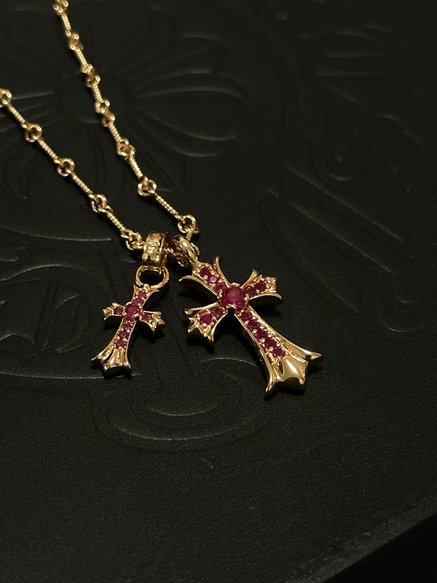 Chrome Hearts Gold Plated Cross Pendant with Ruby Stones